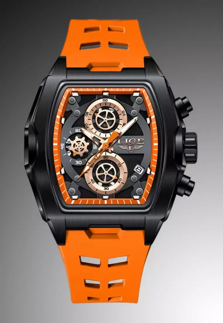 Unisex Chronograph Tonneau Shaped Plastic and Metal Alloy Quartz Watch, Rubber Strap