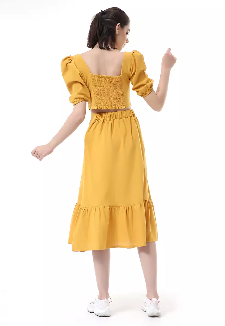 Nayra One Set Setelan Wanita Blouse Ruffle Lengan Pendek Midi Skirt Material Linen ORIGINAL - Mustard