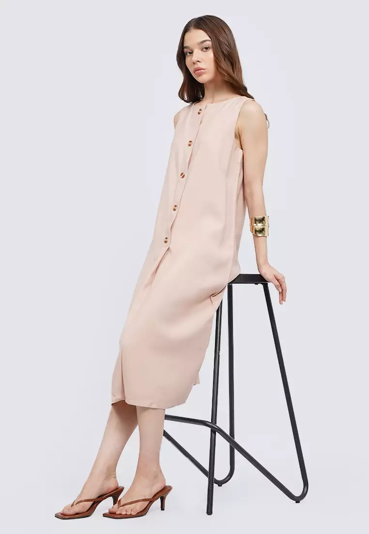 Buttoned Sleeveless Midi Dress BEIGE