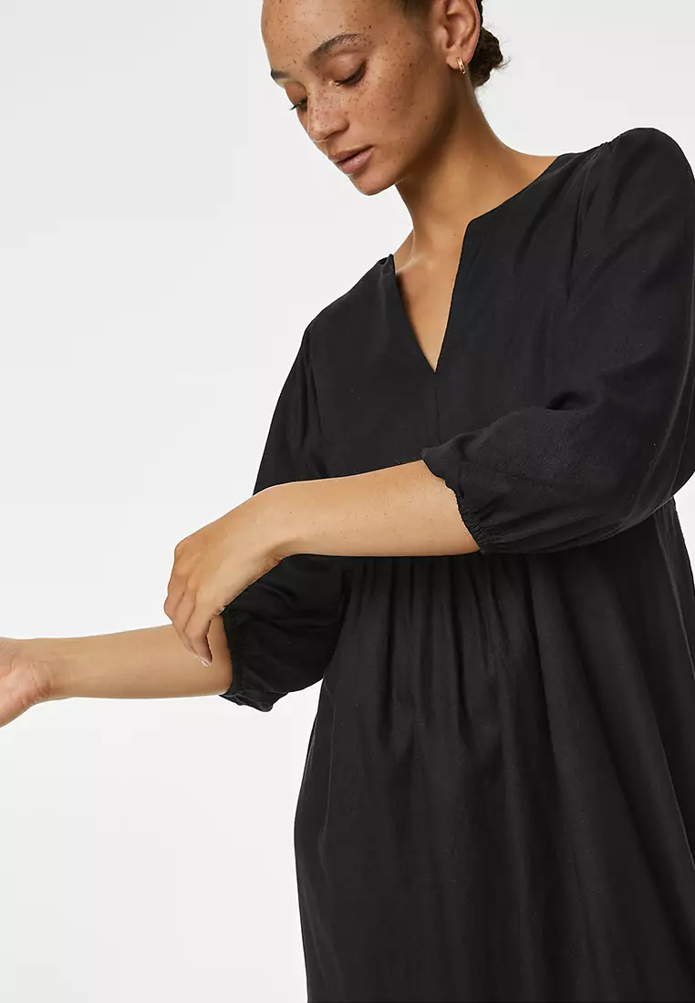 Linen Rich V-Neck Midi Beach Dress