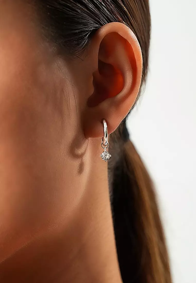 Minimalist Multiway Lab Grown Diamond Mini Hoop Earrings with Round Drop in 14K White Gold D/E-VVS/VS (0.73 TDW)