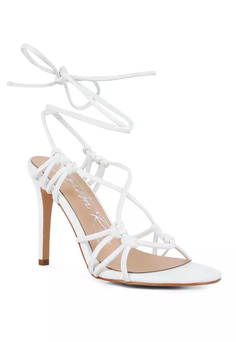 White High Heeled Lace Up Sandals