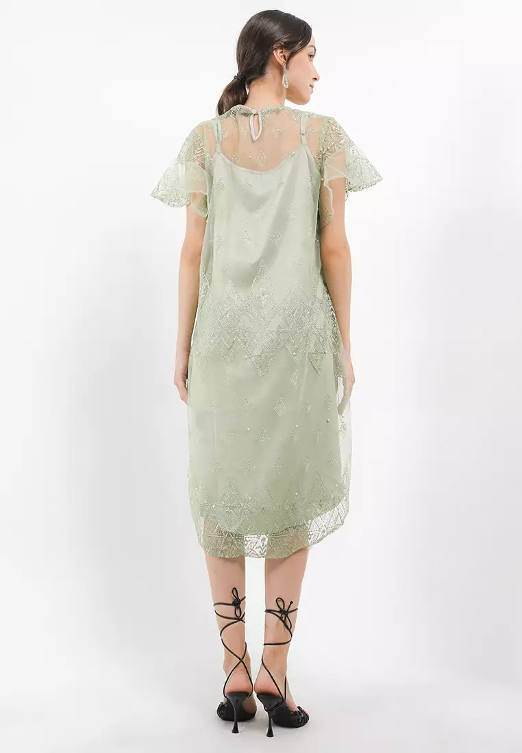 Ethnic Emb Ruffle Sleeves Dress W/ Separate Camisole Dress