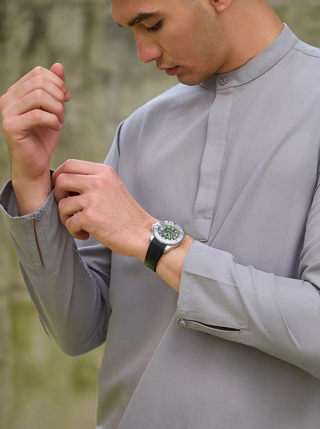 OXCON Kemeja koko Tangan Panjang Collarless Azfar Mid Grey