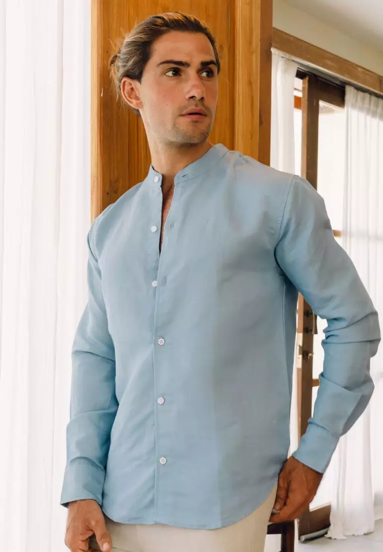 Playa Kemeja Linen Lengan Panjang Pria Biru | Linen Long Sleeve Shirt Men Blue