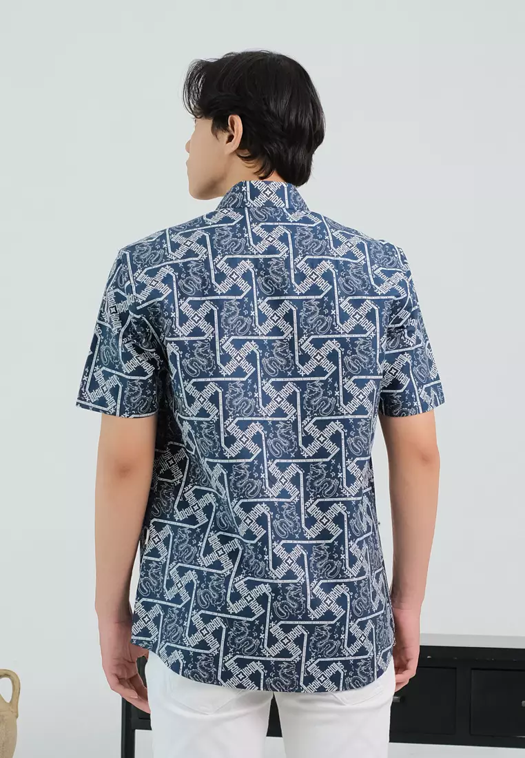 My Aksa Batik Pria Kemeja Pendek Slimfit Naga Cita Navy
