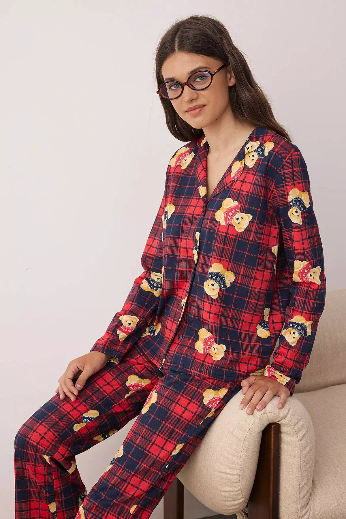 Navy Blue-Red Plaid Teddy Bear Patterned Knitted Pajama Set Thmaw26Pt00049