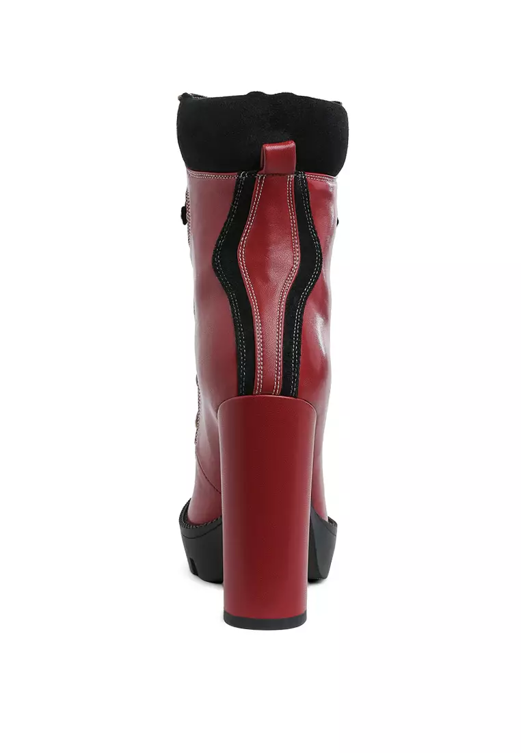 High Heel Lace-Up Biker Boot in Burgundy black