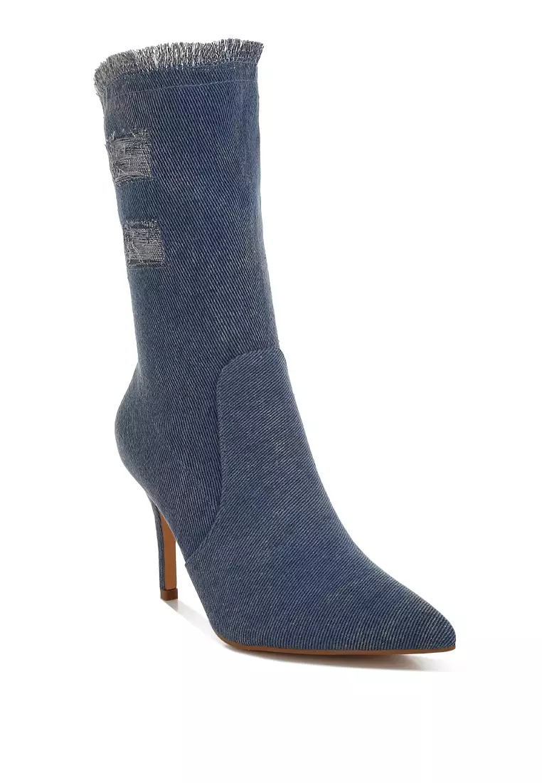 Distressed Denim Mid-Calf Boots in Denim