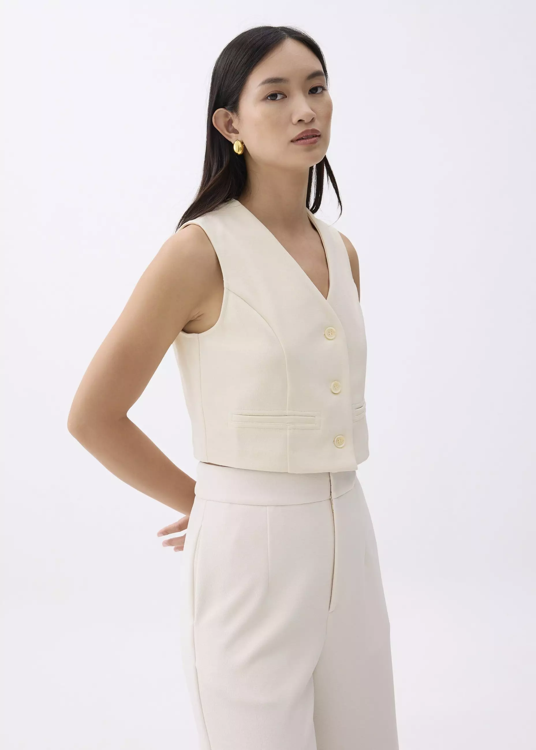 Vest Wanita - Cropped V-neck Button Down Vest