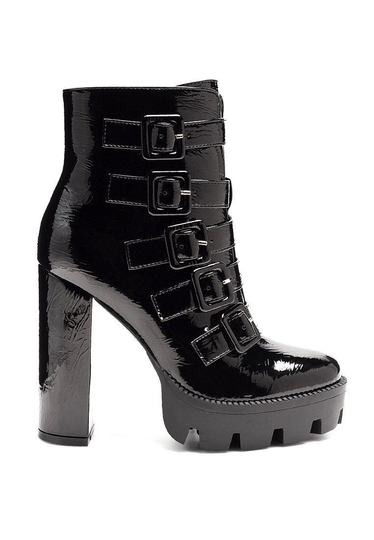 Patent PU High Block Heeled Boot in Black