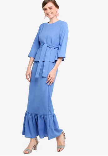 Flared Sleeve Low Panel Skirt Set from Lubna in Blue
