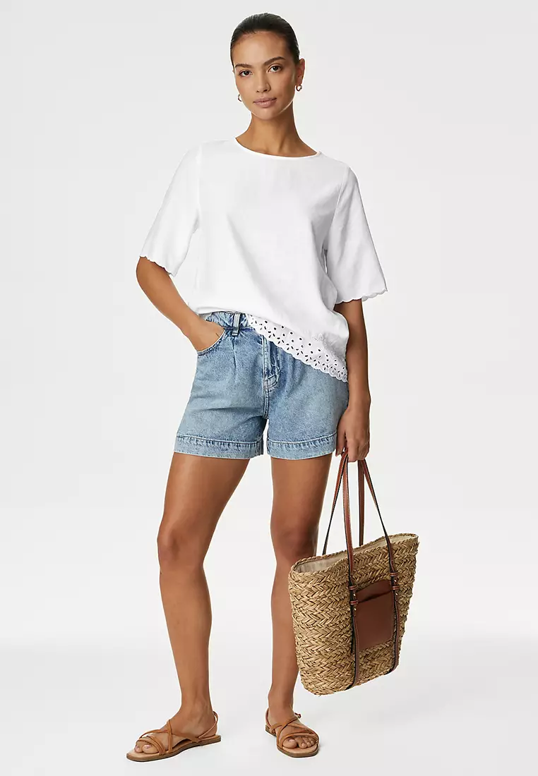 Linen Rich Broderie Regular Fit Top