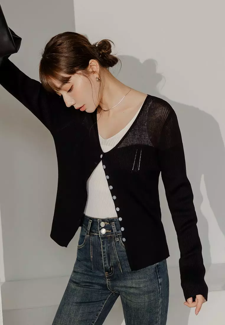 High-Stretch Colorblock Sheer Fitted Knit Cardigan [FA2980]