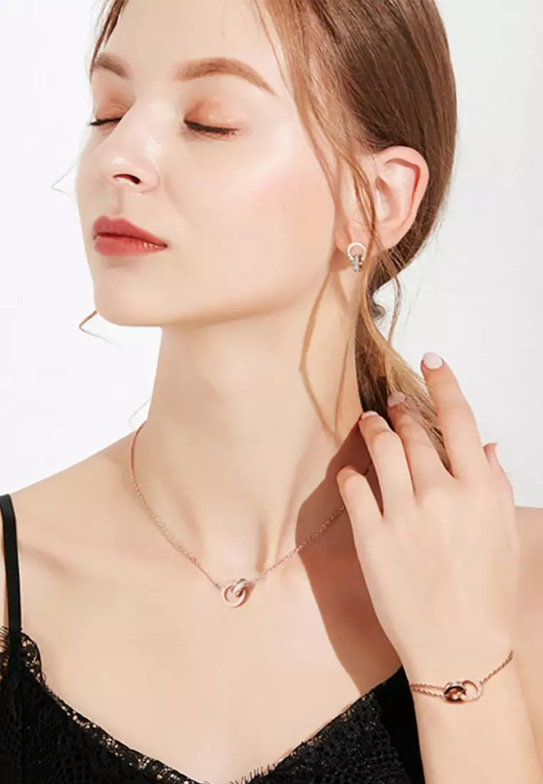 Athena Classic Interlocking Necklace + Bracelet + Earrings Jewellery Set in Rose Gold