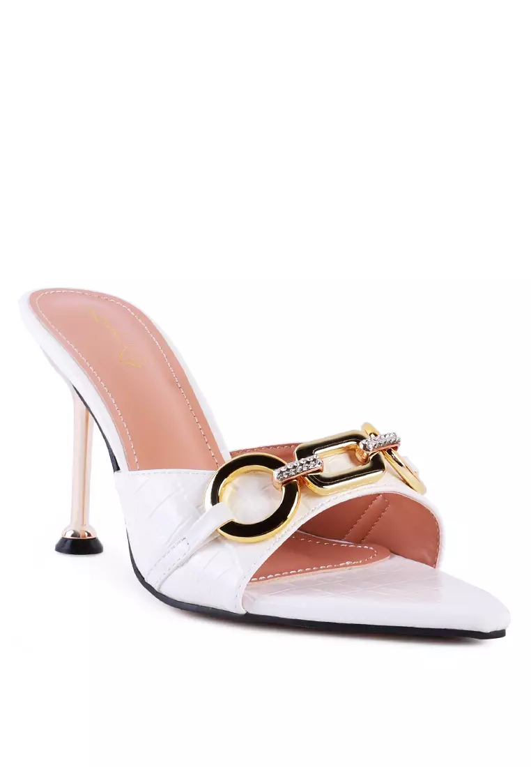 White Buckled High Heel Slide Sandals