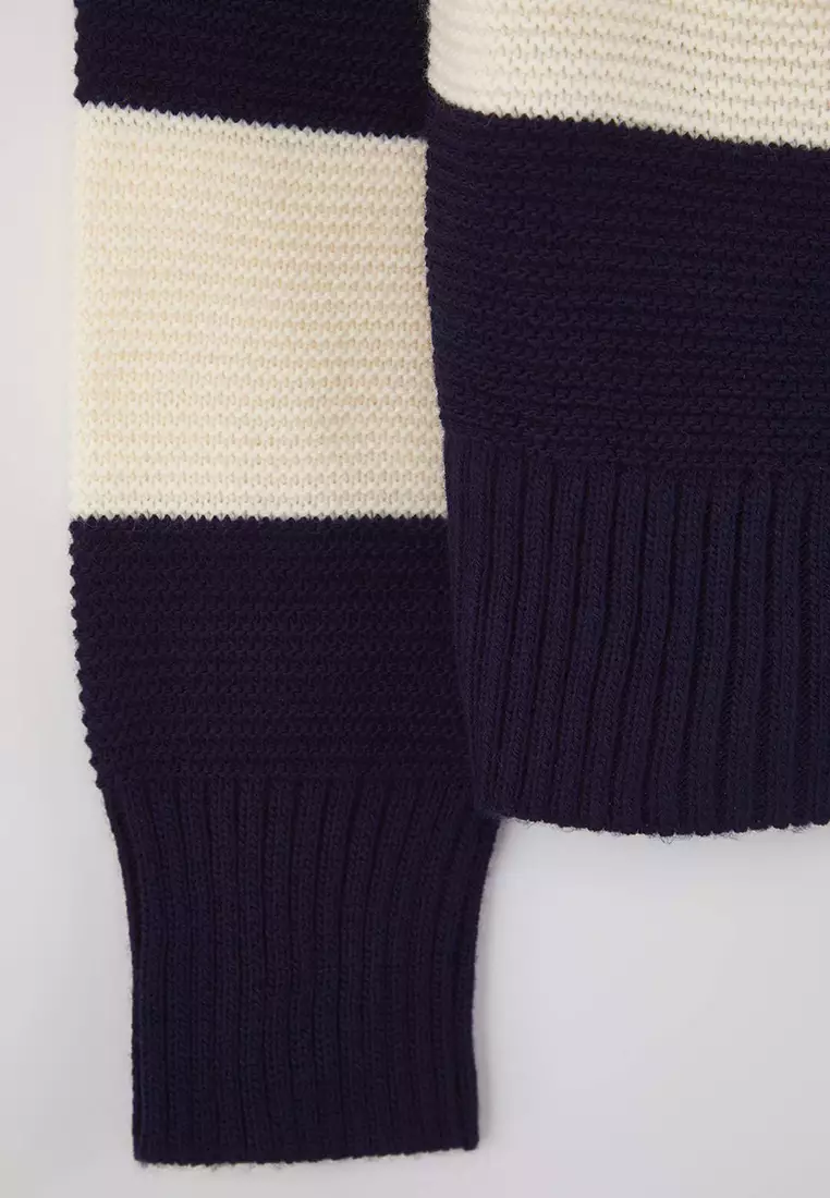 Teen Navy Blue Striped Polo Neck Knit Cardigan