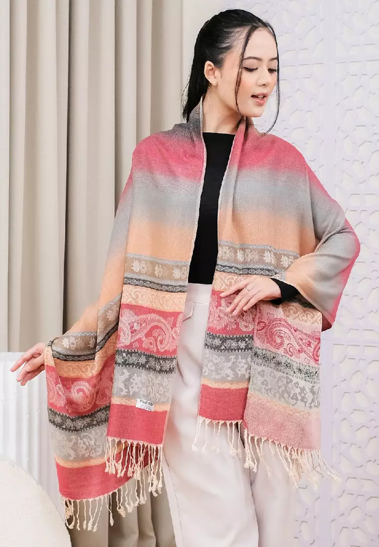 Aksesoris Wanita Reversible Viscose Multicolour Vintage Pattern Pashmina Shawl Autumn Glow