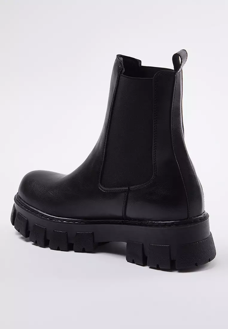 Black Elastic Serrated Flat Thick Sole Chealsea Women's Boots Takaw25Bo00020