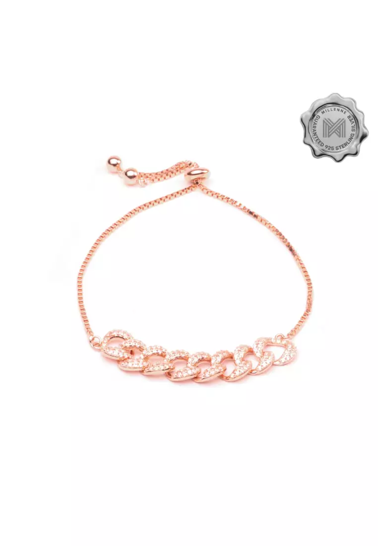 Millennia 2000 Chain Link Studded Drawstring Cubic Zirconia Rose Gold Bracelet with 925 Sterling Silver