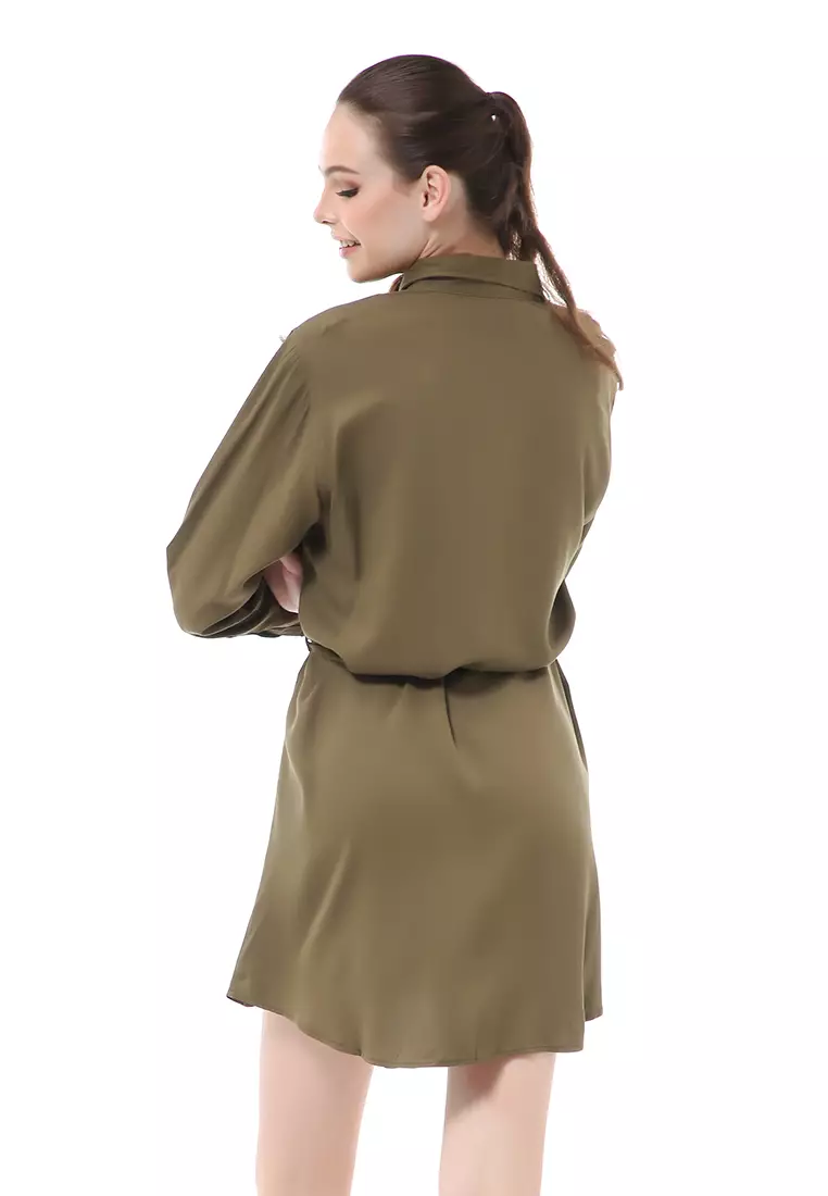 Rachel Dress Wanita Model Kemeja Full Kancing Long Sleeve Material Twill Rayon ORIGINAL - Army Green