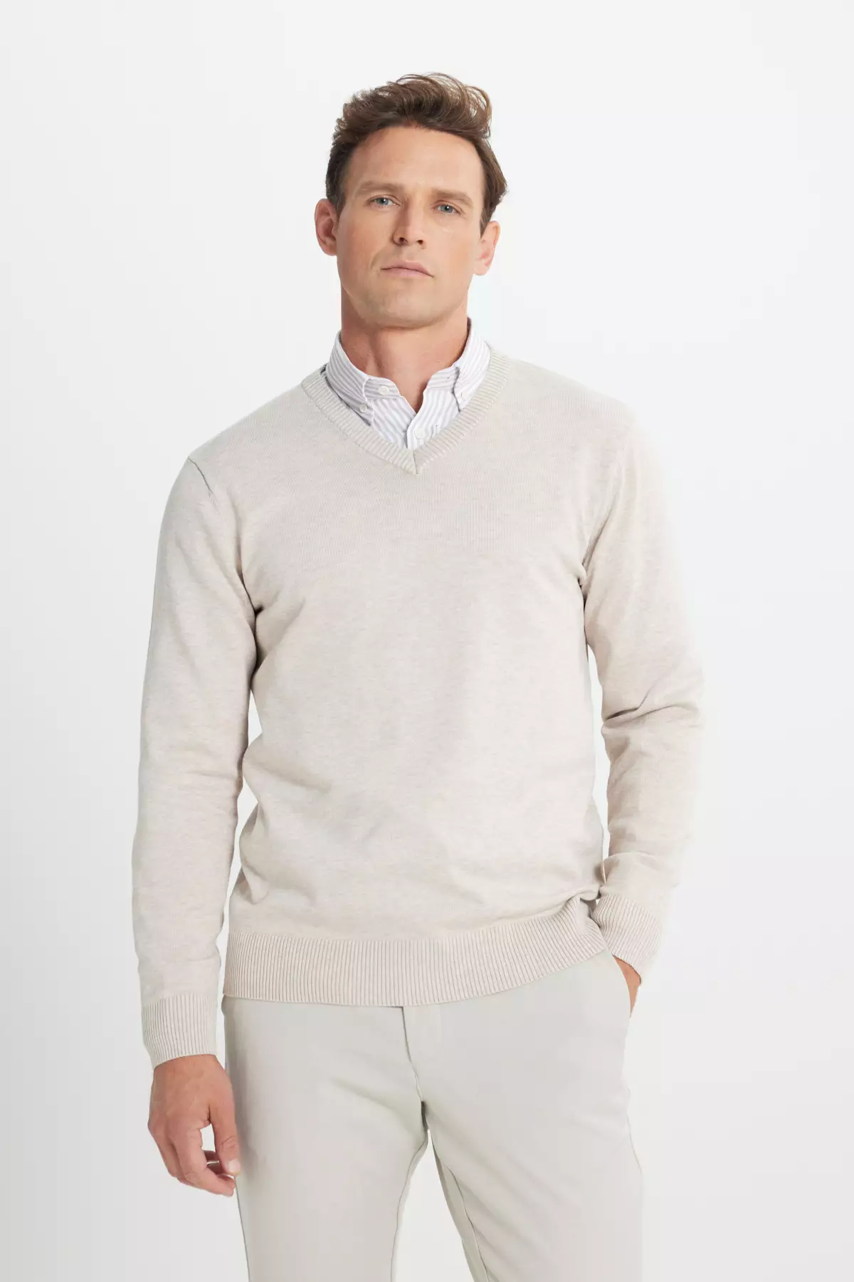 Beige Melange Standard Fit Regular Cut V-Neck Knit Sweater