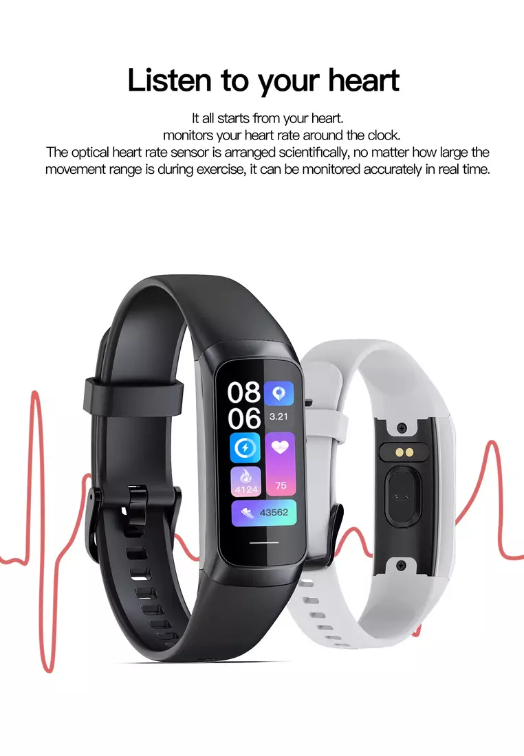 Unisex IOS/Android IP Black Waterproof Fitness SmartWatch, AMOLED Color Screen, Heart Rate Monitoring, Weather, Clock, with Black Rubber Strap