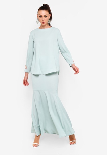 Embellished Pleated Cuff Tunic Top Set from Zalia in Green