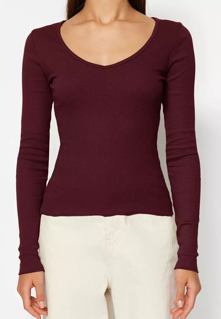 Claret Red-Stone 2-Pack V-Neck Fitted/Body-Sit Cotton Flexible Knitted Blouse Twoaw24Bz00068