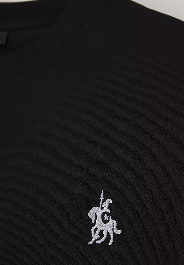 Black Regular Cut Horse Embroidery Detailed 100% Cotton T-Shirt Tmnss24Ts00056