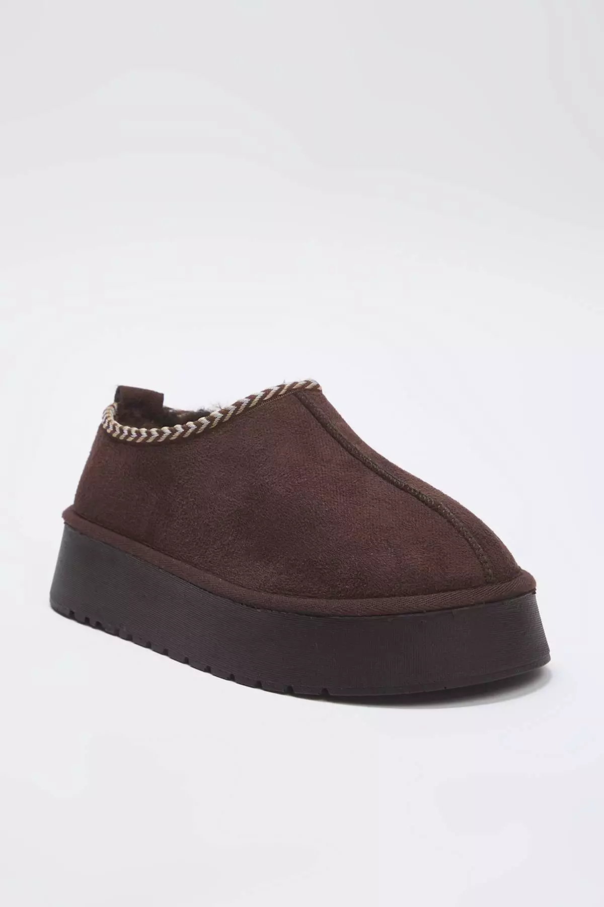 Dark Brown Embroidery Detailed Fur Lined Thick Sole Women'S Ankle Slippers Boots Takaw26Bo00003