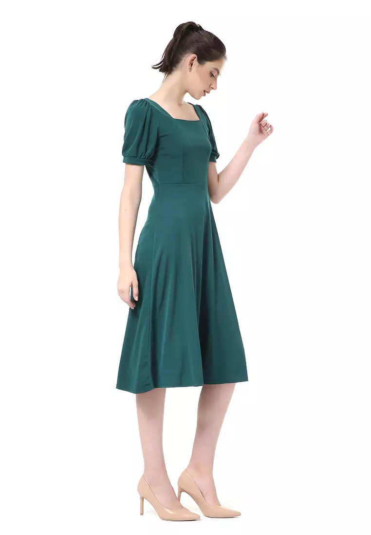 Rachel Long Dress Wanita Lengan Pendek Motif Polos Material Cotton ORIGINAL - Green