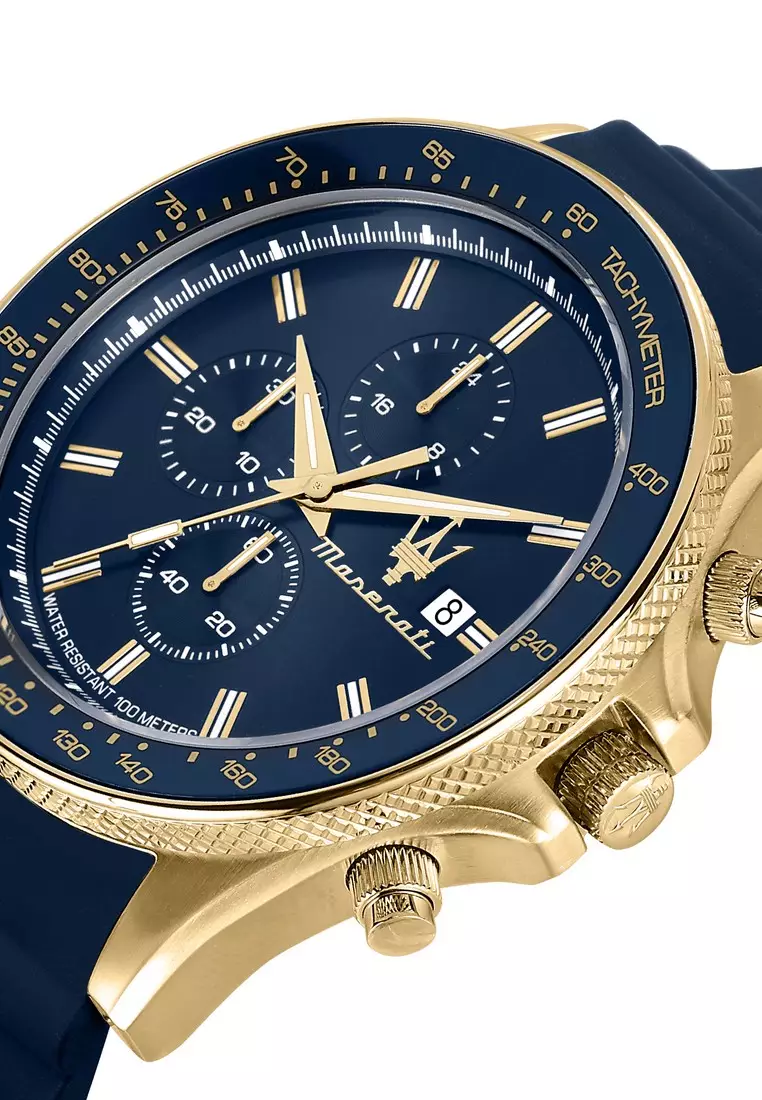 【2 Years Warranty】Maserati Sfida 44mm Blue Dial Blue Silicone Men's Chronograph Quartz Watch R8871640004 With Luminous Dial Hands
