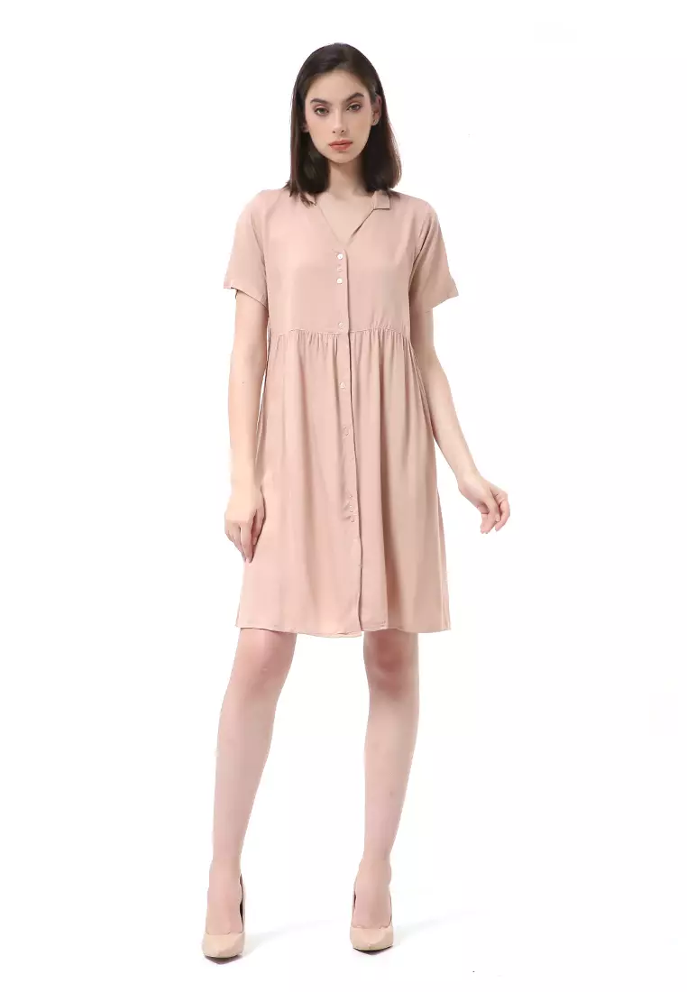 Rachel Dress Wanita Lengan Pendek Full Kancing Stylish Material Cotton ORIGINAL - Choco Pink