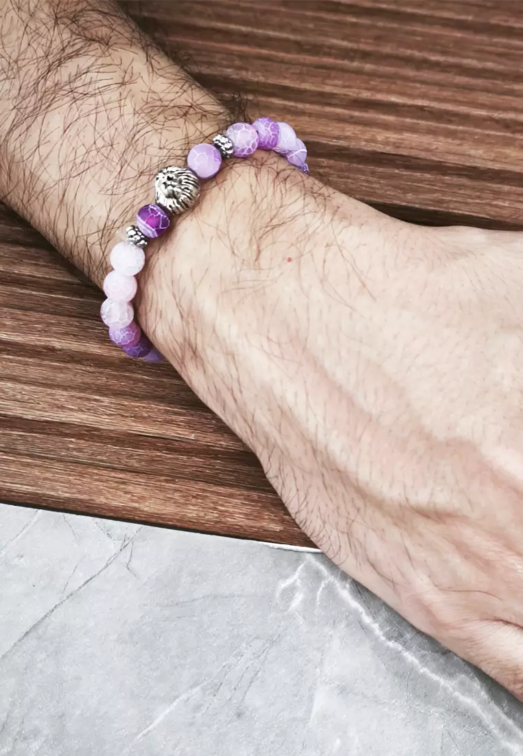 Accessories Gelang Pria Lion Head Center Beads Bracelet Silver & Purple