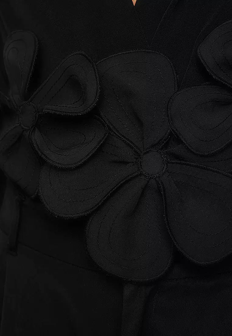 Black Applique Flower Detailed Snap Fastener Knitted Bodysuit