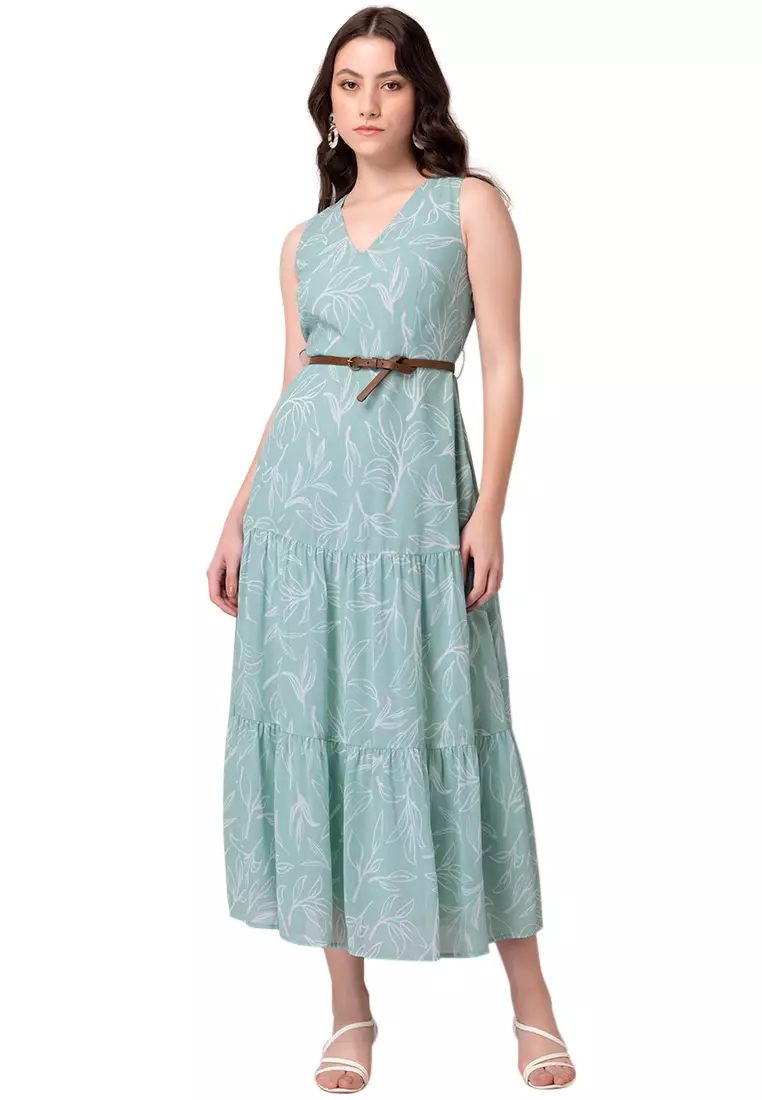 Blue Floral Print Tiered Maxi Dress With Belt