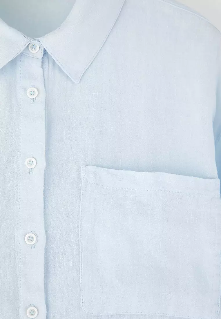 Blue 100% Linen Woven Plus Size Shirt TBBSS25AX00021