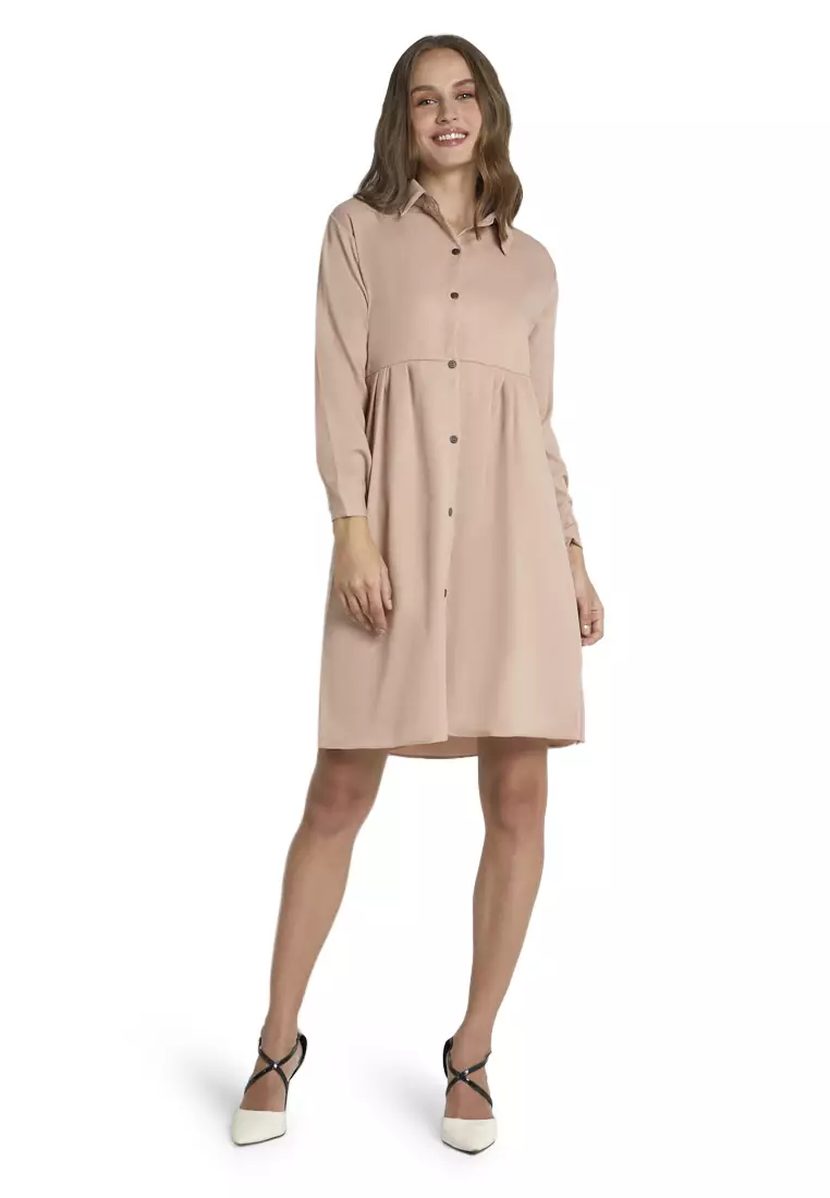 Catren Mini Dress Wanita Lengan Panjang Motif Solid Design Kasual Regular Fit - Mocca