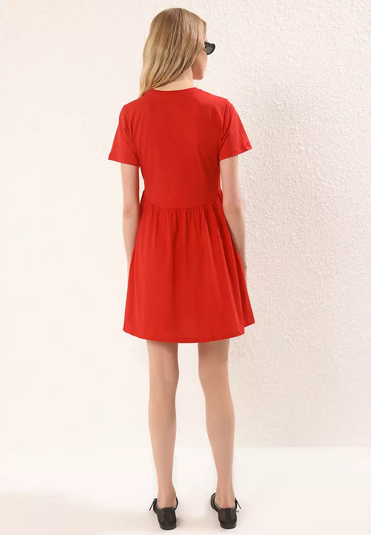 Red Straight Mini 100% Cotton Skater Knitted Dress Twoss25El00386