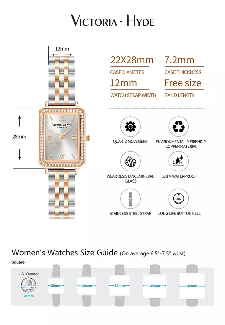Westminster 22×28mm女士手錶 玫瑰金 鑽石錶盤 優雅矩形表面 不鏽鋼錶帶 - 銀色