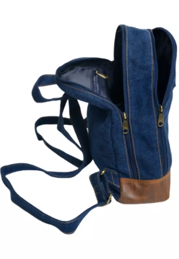 Small Backpack for Girls Boys Kids Teens - Blue Canvas Leather Backpack-Denim backpack - BK2 Blue