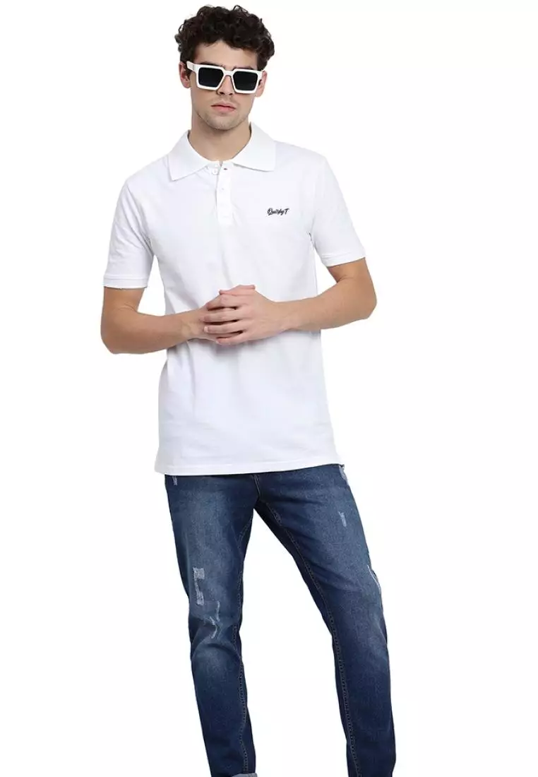 Mens Plain White QuirkyT Polo Neck Cotton Short Sleeve Collor Tee/Tshirt