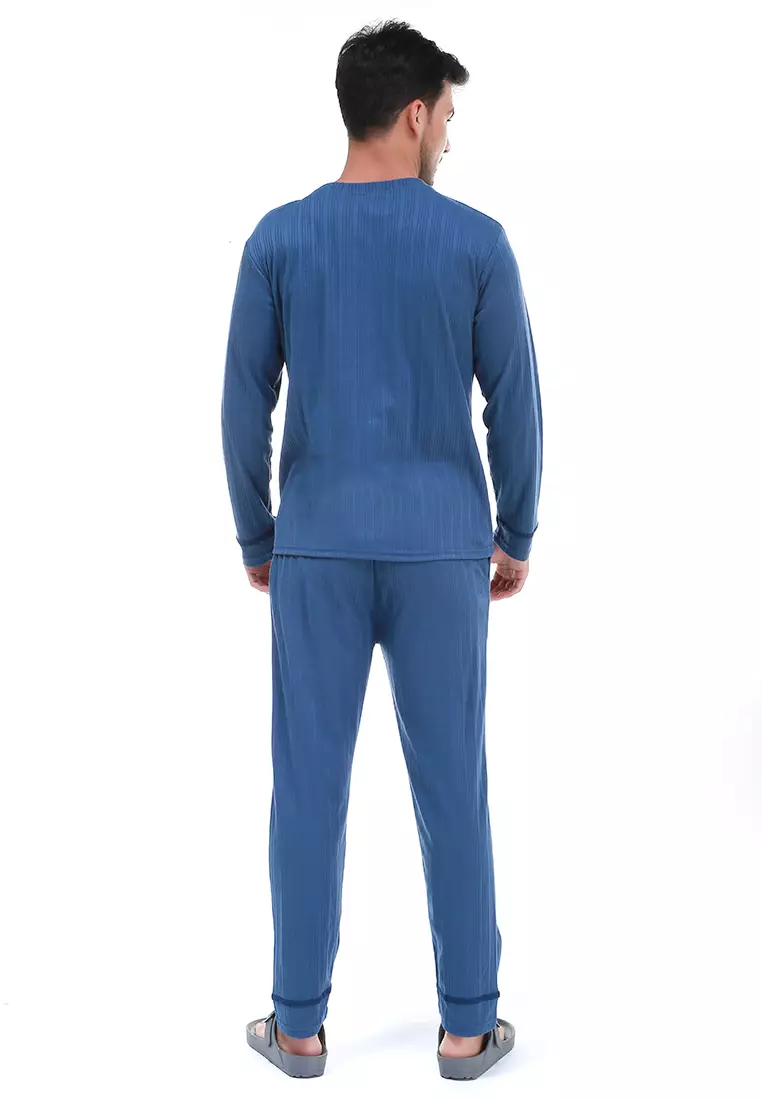 Klicin Setelan Baju Tidur Piyama Pria Word Pockets One Set Sleepwear Pajamas Material Fabric ORIGINAL - Navy
