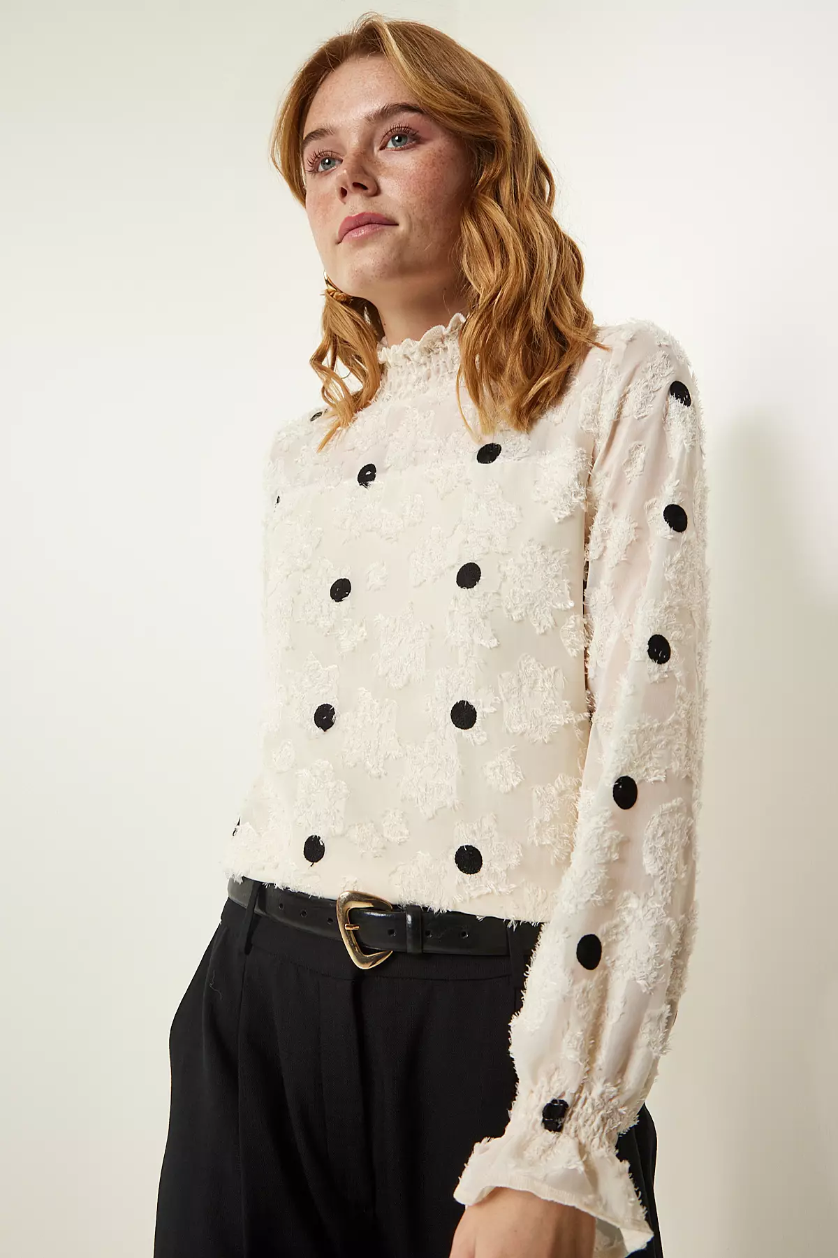 Cream Melted Polka Dot Woven Blouse Tp00020