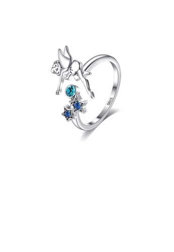 Glamorousky blue 925 Sterling Silver Fashion Simple Fairy Star Adjustable Open Ring with Blue Cubic Zirconia 58D8CAC335673EGS_1