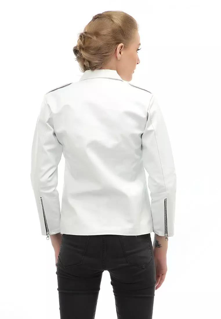 Glenice Jaket Kulit Casual Wanita Windproof Stylish Design Material Leather ORIGINAL - White