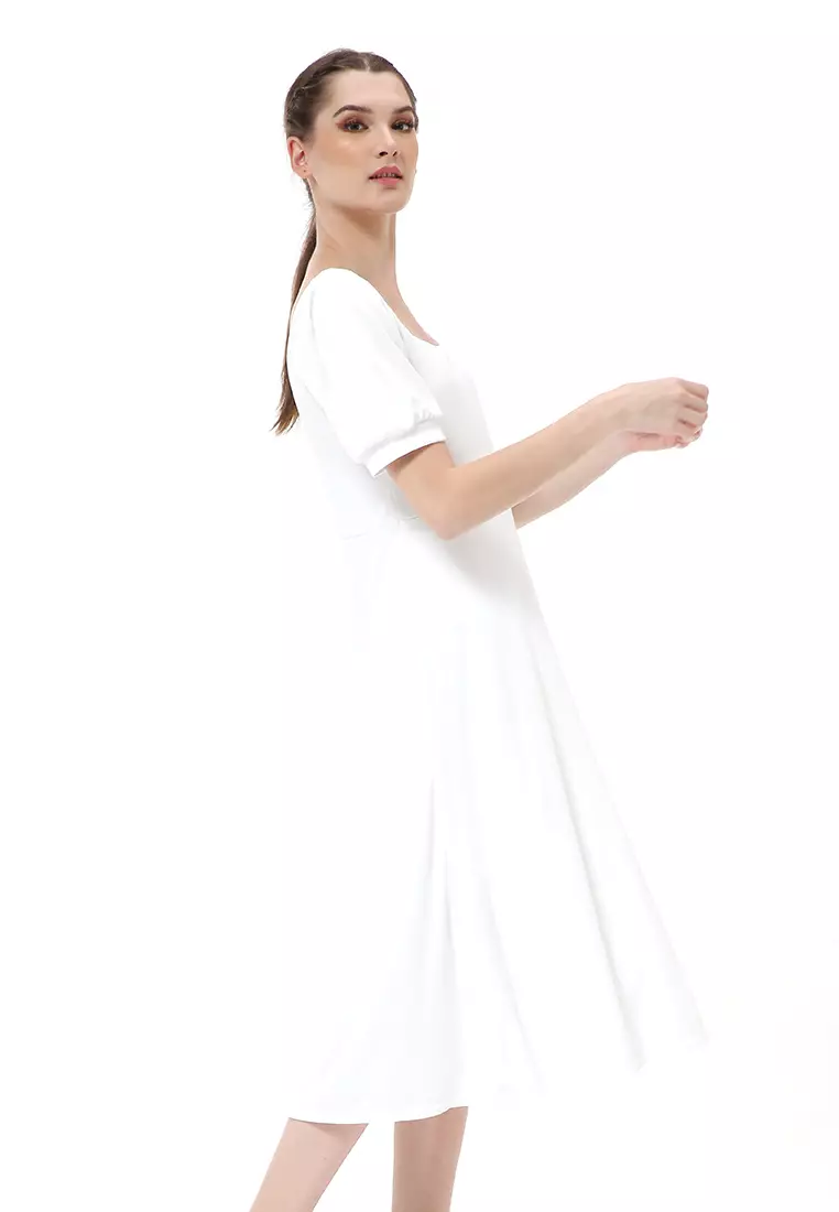 Rachel Long Dress Wanita Lengan Pendek Motif Polos Material Cotton ORIGINAL - White