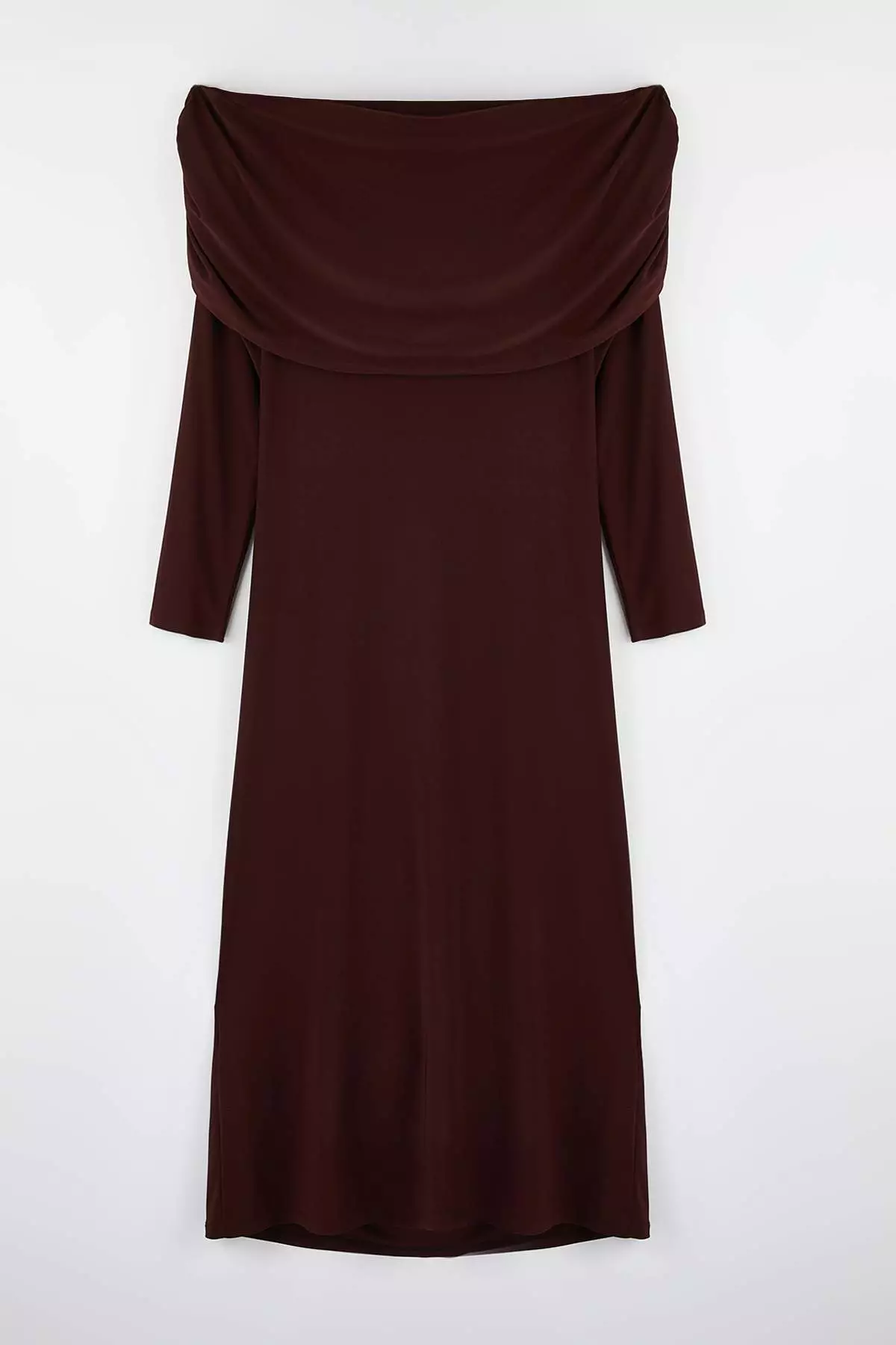 New Year Brown Ruched Carmen Collar Stretchy Maxi Knitted Dress Tbbaw26Ah00072