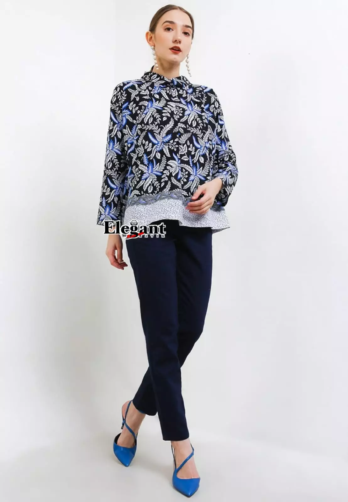 Blouse Batik Syifa Biru Premium Slimfit Elegant